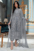 LAAM embroidered net suit with satin silk, sequence work, fancy tussles, embroidered dupatta & plain trouser.
