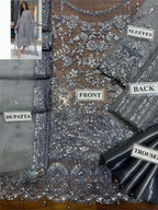 LAAM embroidered net suit with satin silk, sequence work, fancy tussles, embroidered dupatta & plain trouser.
