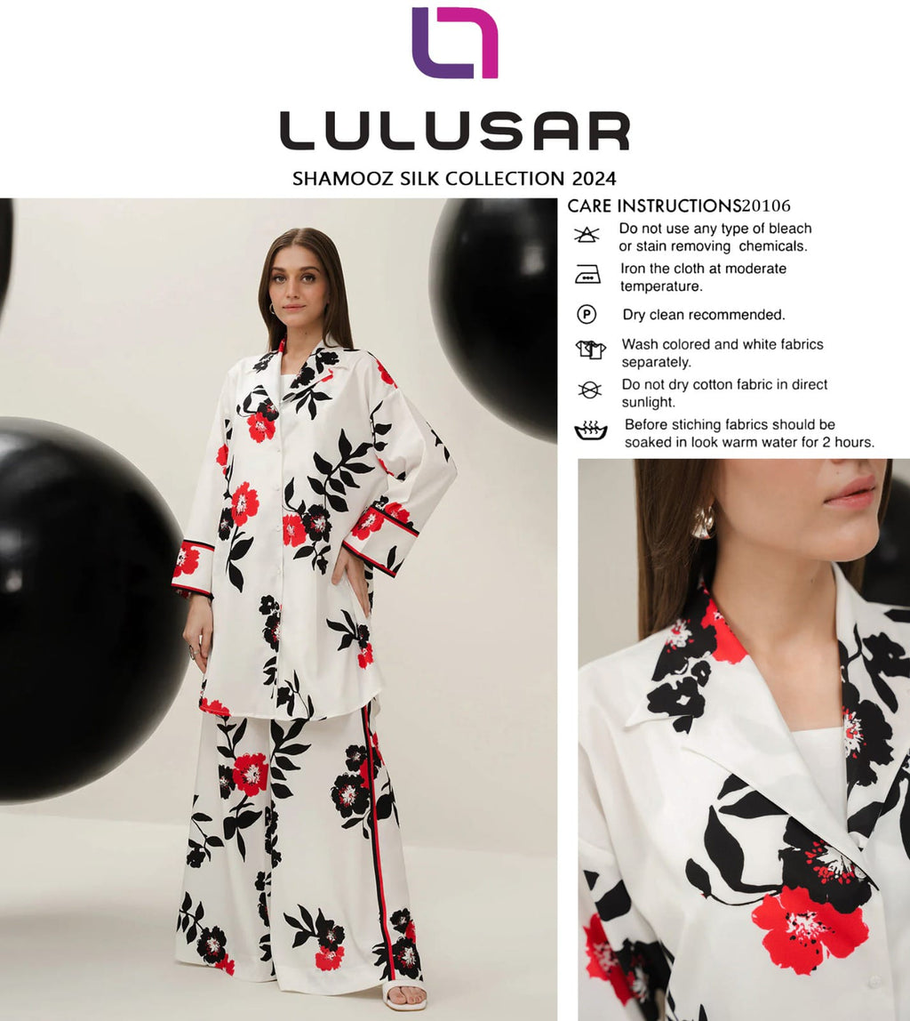Lulusar Shamooz Silk 2PC unstitched digital printed dress with silk shirt, back, sleeves, and trouser