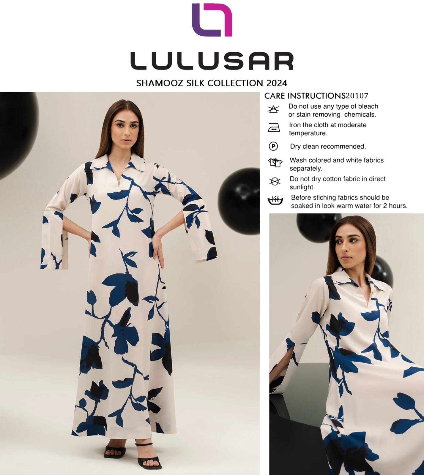Lulusar Shamooz Silk 2PC unstitched digital printed dress with silk shirt, back, sleeves, and trouser