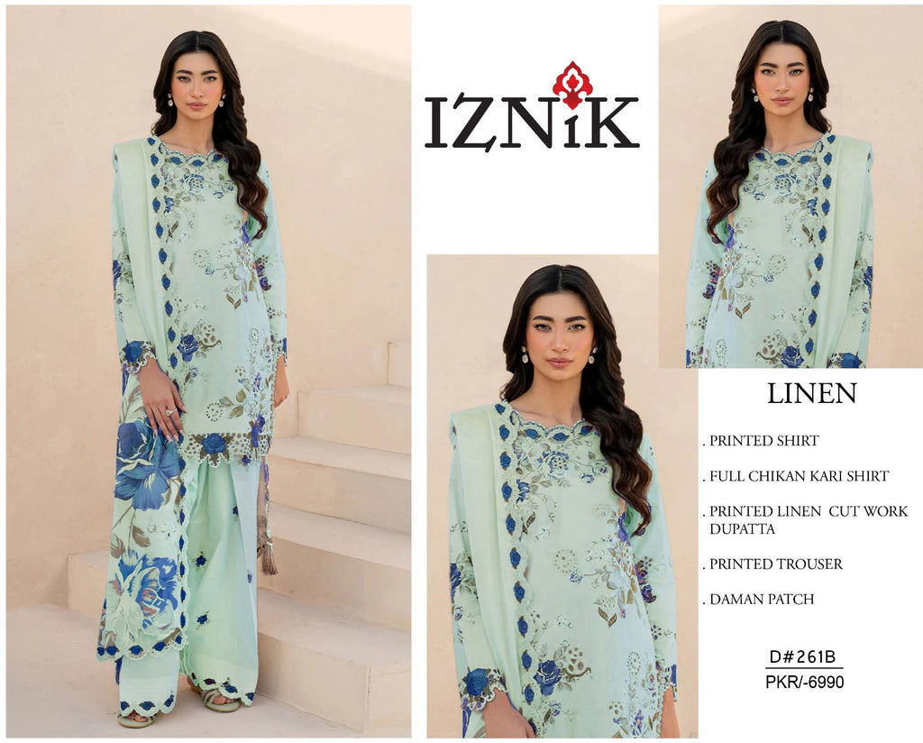 Iznik Winter 2025 embroidered linen 3pc suit with printed dupatta & chikankari front