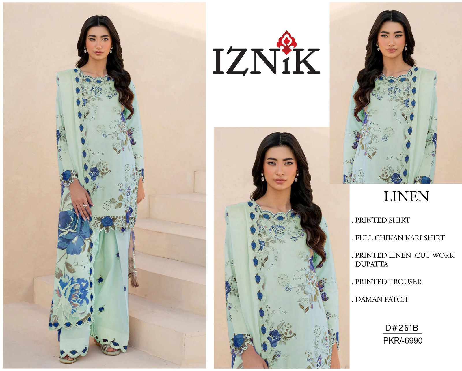 Iznik Winter 2025 embroidered linen 3pc suit with printed dupatta & chikankari front