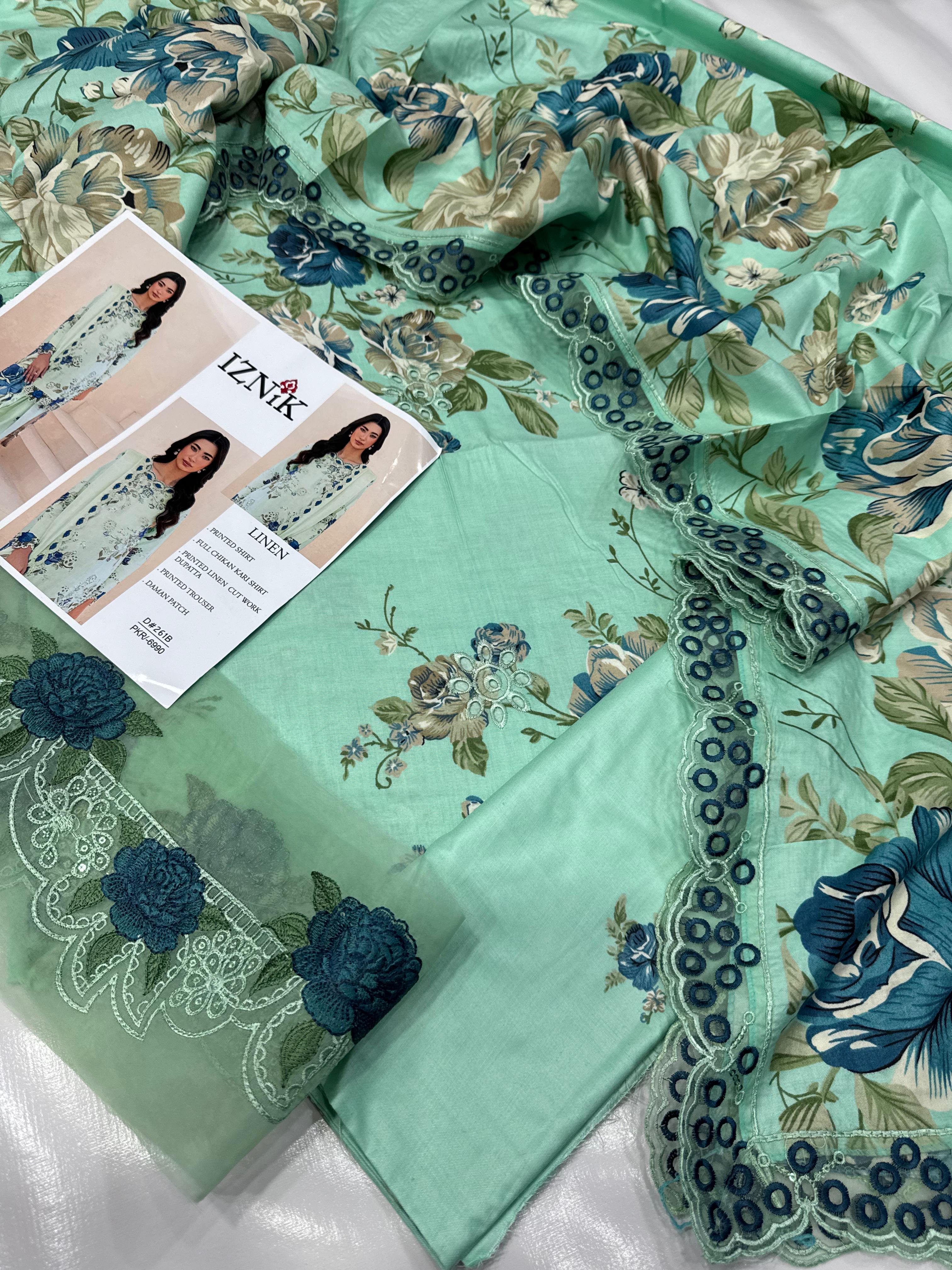 Iznik Winter 2025 embroidered linen 3pc suit with printed dupatta & chikankari front