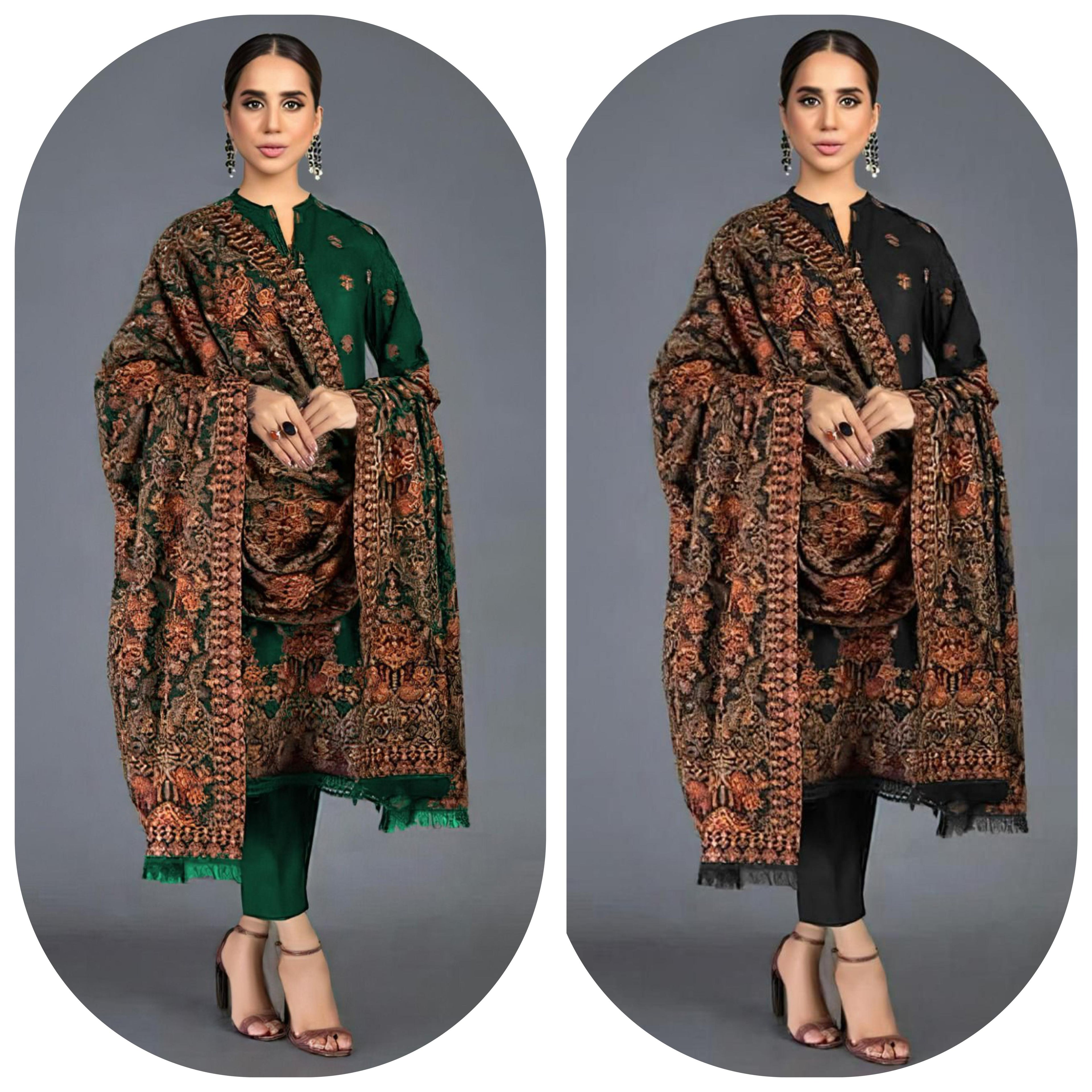 Bareeze 1901 Luxury Embroidered 3pc Airjet Dhanak Suit – Heavy Embroidered Front, Sleeves, Kashmiri Shawl & Dyed Trouser.
