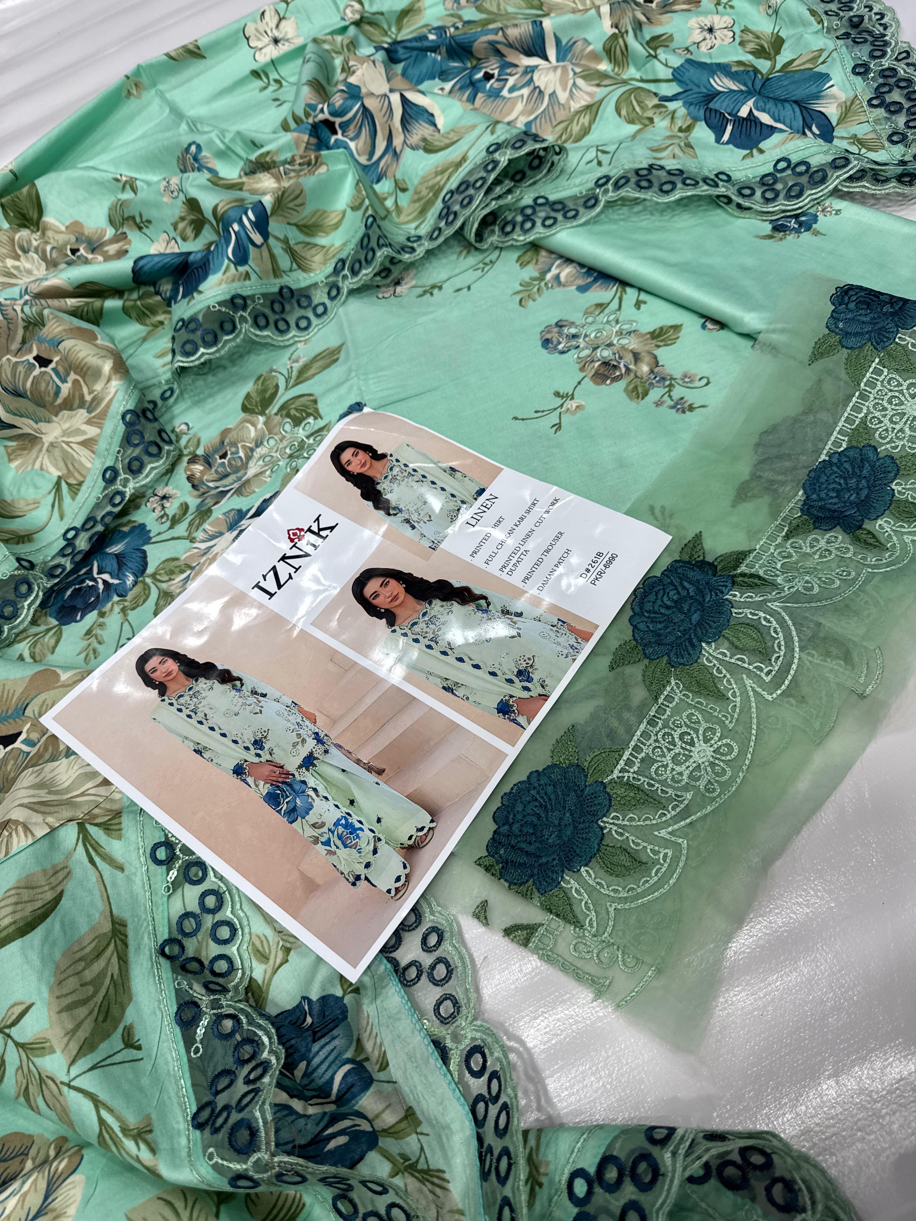 Iznik Winter 2025 embroidered linen 3pc suit with printed dupatta & chikankari front