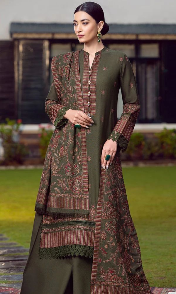 Bareeze 23165 Luxury Embroidered 3pc Airjet Dhanak Suit – Heavy Embroidered Front, Neck Patch, Sleeves, Kashmiri Shawl & Dyed Trouser.