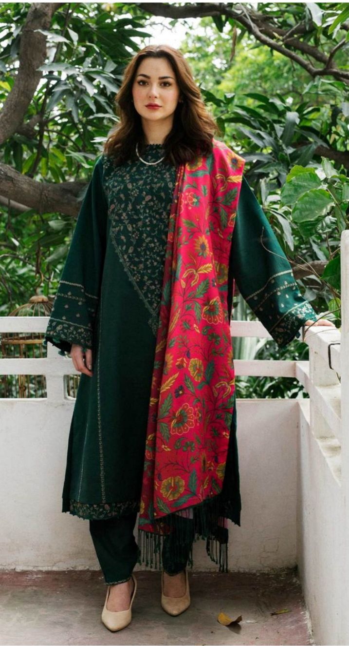 Zara Shahjahan Winter 2025 Dhanak embroidered 3pc suit with pashmina printed wool shawl, elegant front, sleeves & border embroidery