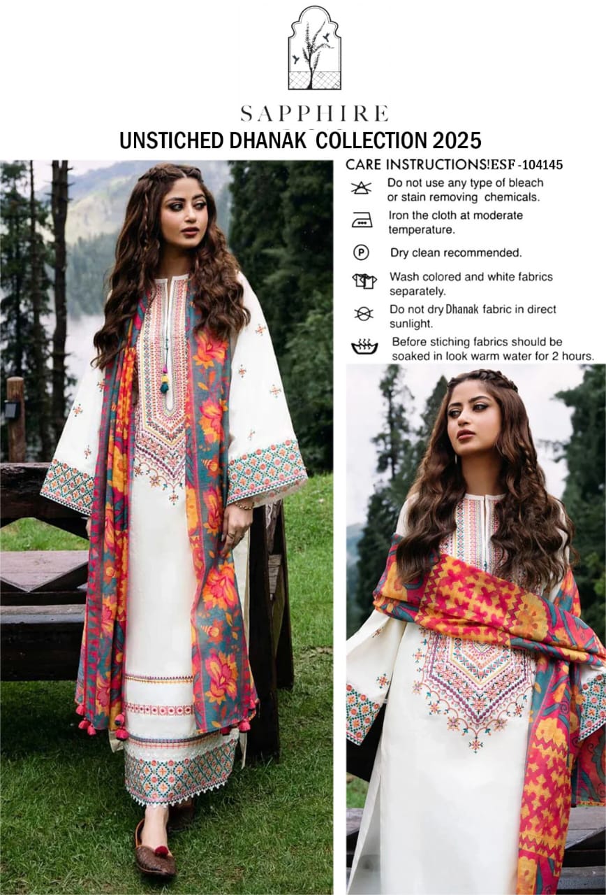 Sapphire Dhanak Embroidered 3PC with Wool Shawl – Winter Collection 2025
