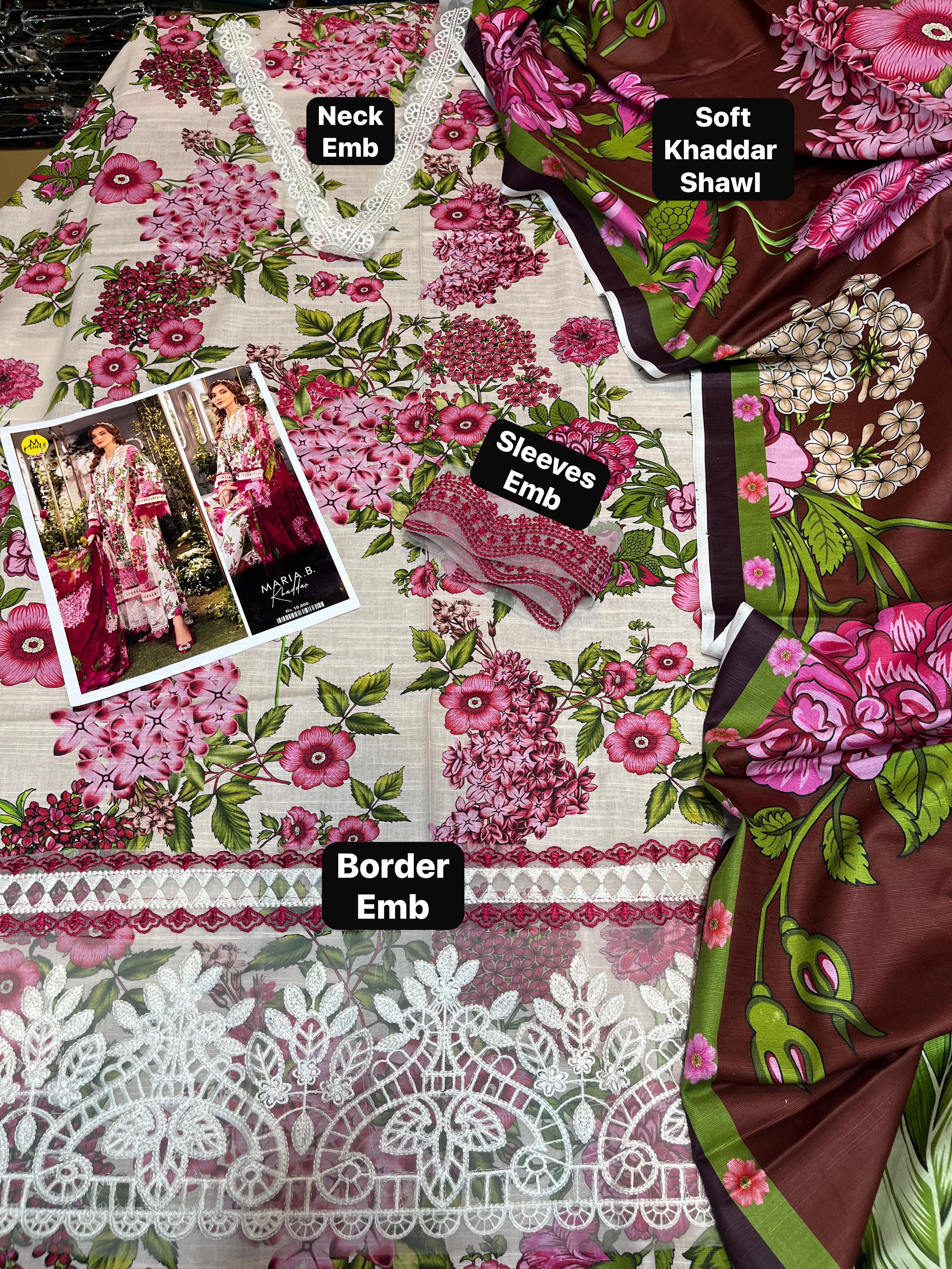 Maria B Khaddar Collection – Fine Quality Soft Khaddar 3Pc Suit with embroidered shirt, trouser, and printed shawl