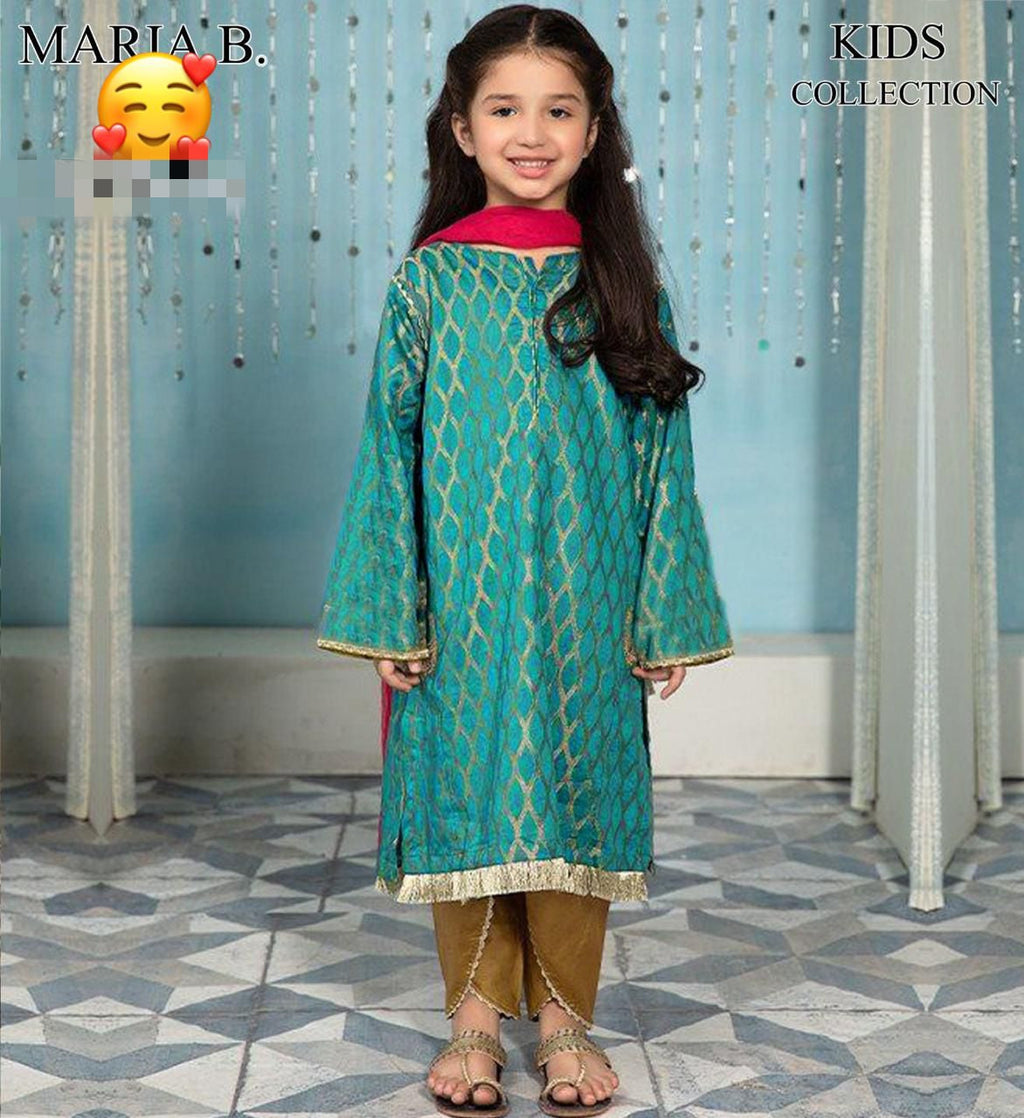 Maria B Kids Collection 2025 – Embroidered Linen 2Pc Suit for girls aged 8–10 years, front embroidered shirt & trouser