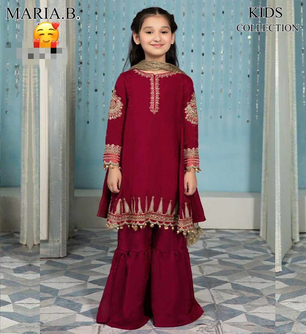 Maria B Kids Collection 2025 – Embroidered Linen 2Pc Suit for girls aged 8–10 years, front embroidered shirt & trouser