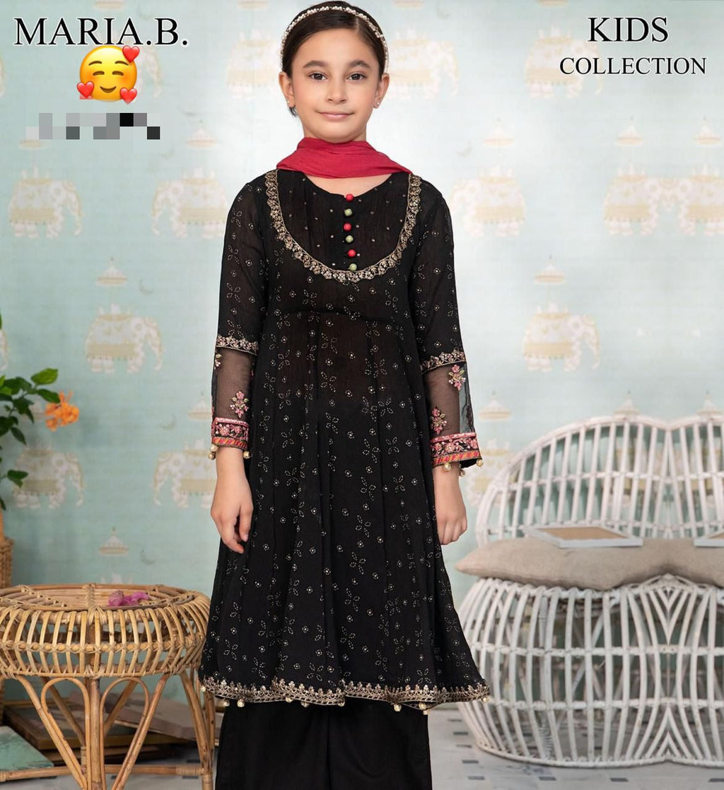 Maria B Kids Collection 2025 – Embroidered Linen 2Pc Suit for girls aged 8–10 years, front embroidered shirt & trouser