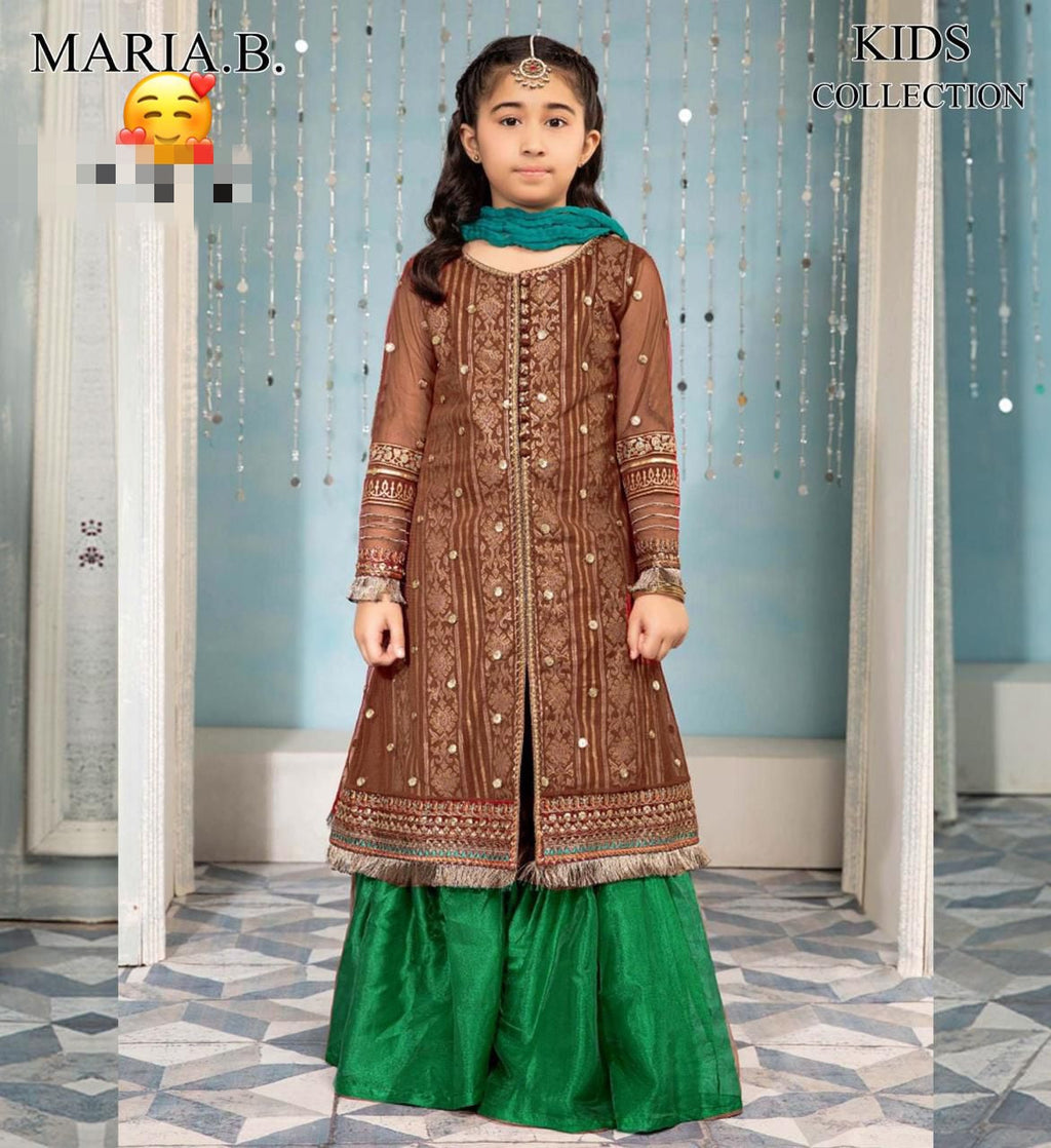 Maria B Kids Collection 2025 – Embroidered Linen 2Pc Suit for girls aged 8–10 years, front embroidered shirt & trouser
