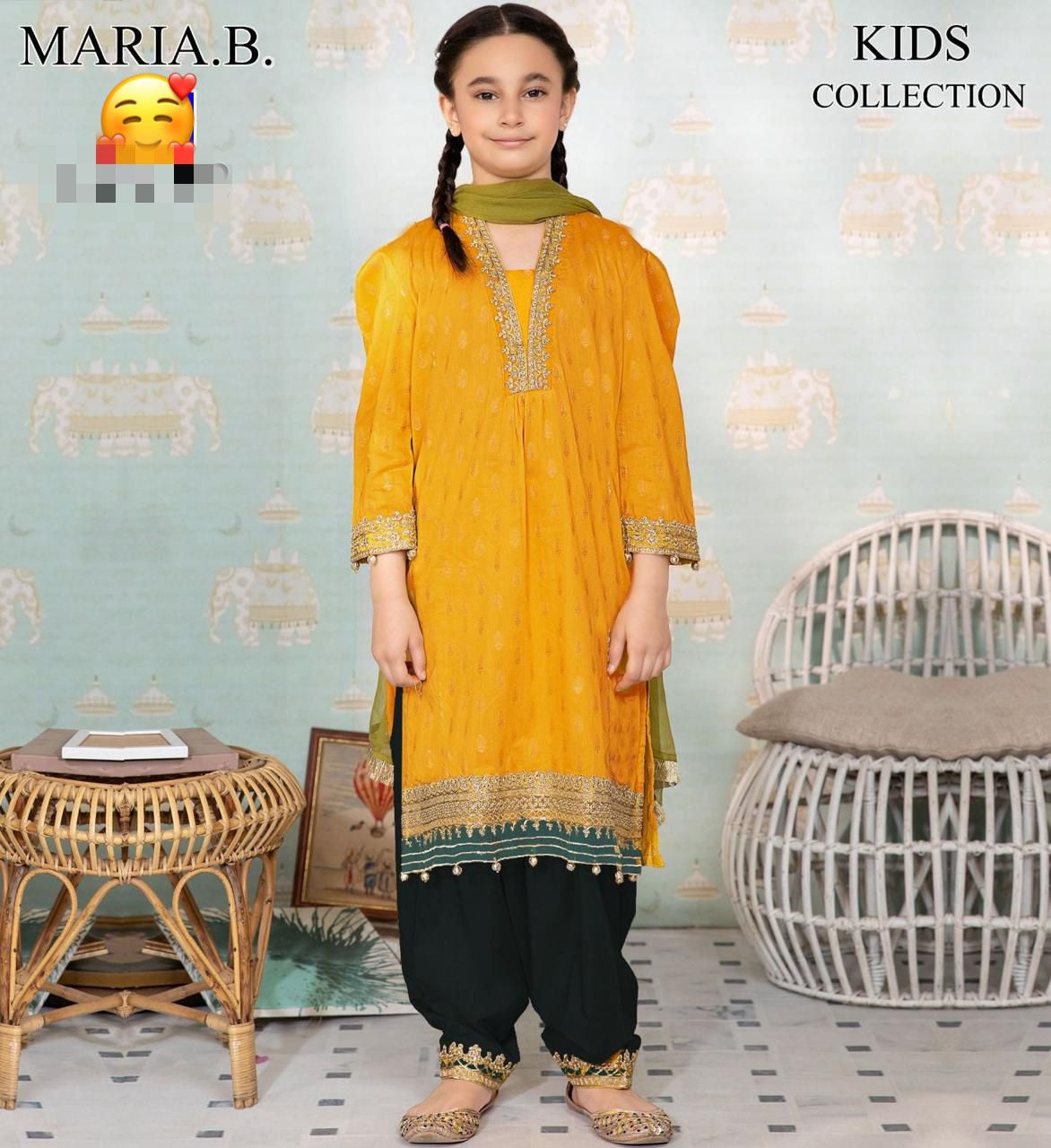 Maria B Kids Collection 2025 – Embroidered Linen 2Pc Suit for girls aged 8–10 years, front embroidered shirt & trouser