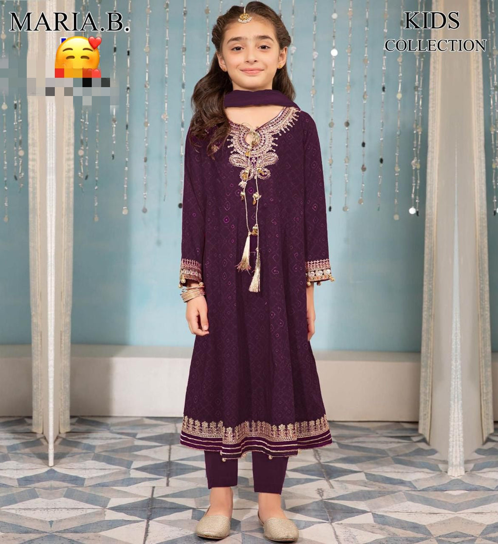 Maria B Kids Collection 2025 – Embroidered Linen 2Pc Suit for girls aged 8–10 years, front embroidered shirt & trouser