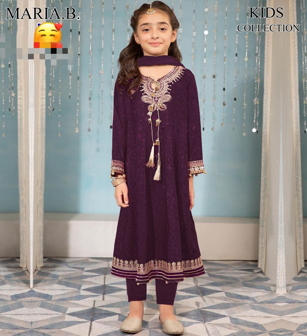 Maria B Kids Collection 2025 – Embroidered Linen 2Pc Suit for girls aged 8–10 years, front embroidered shirt & trouser