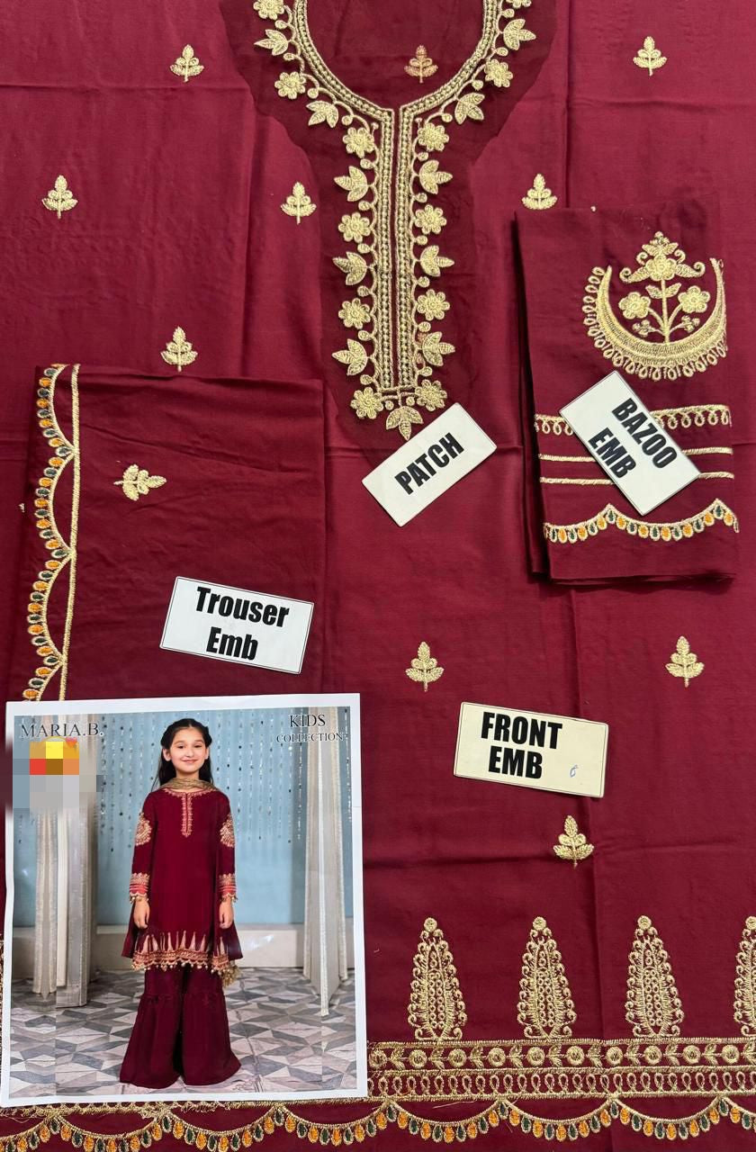 Maria B Kids Collection 2025 – Embroidered Linen 2Pc Suit for girls aged 8–10 years, front embroidered shirt & trouser