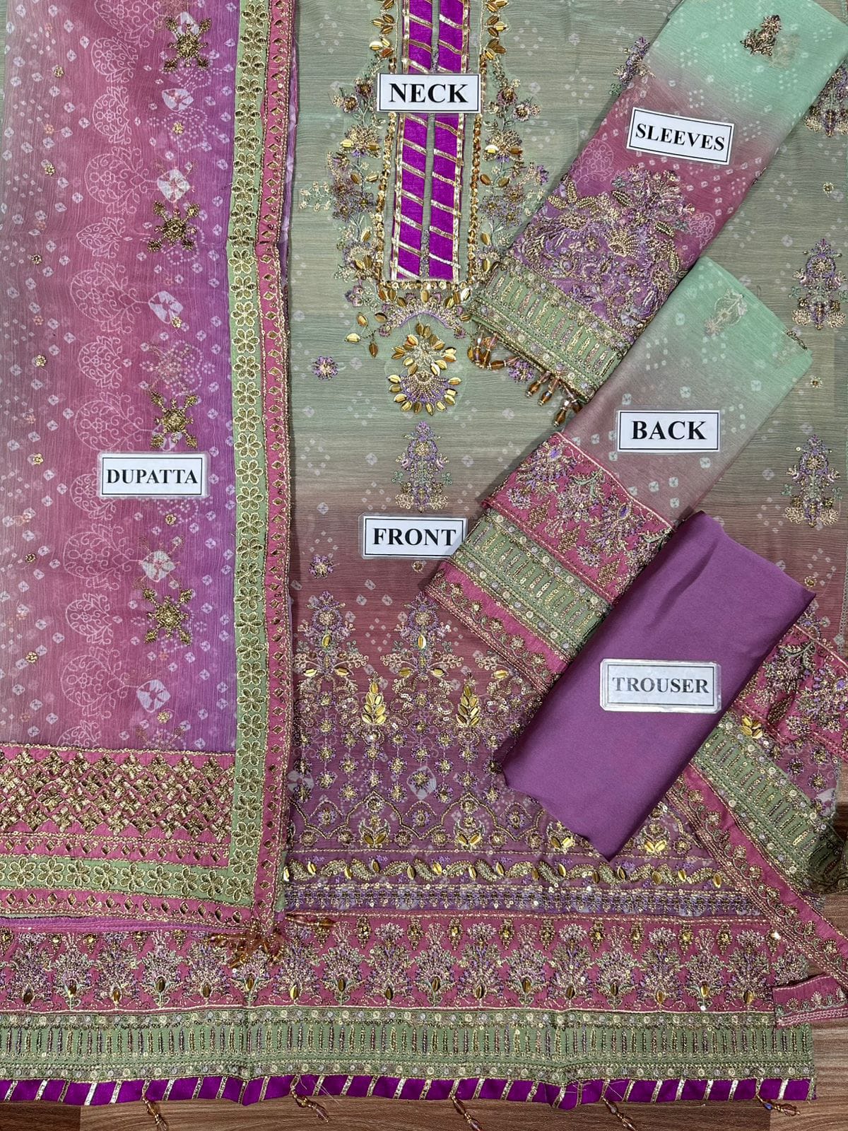 Baroque chiffon embroidered unstitched replica suit with sequence & adda work, silk trouser