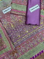 Baroque chiffon embroidered unstitched replica suit with sequence & adda work, silk trouser