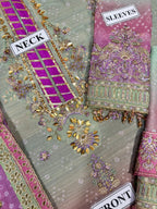 Baroque chiffon embroidered unstitched replica suit with sequence & adda work, silk trouser
