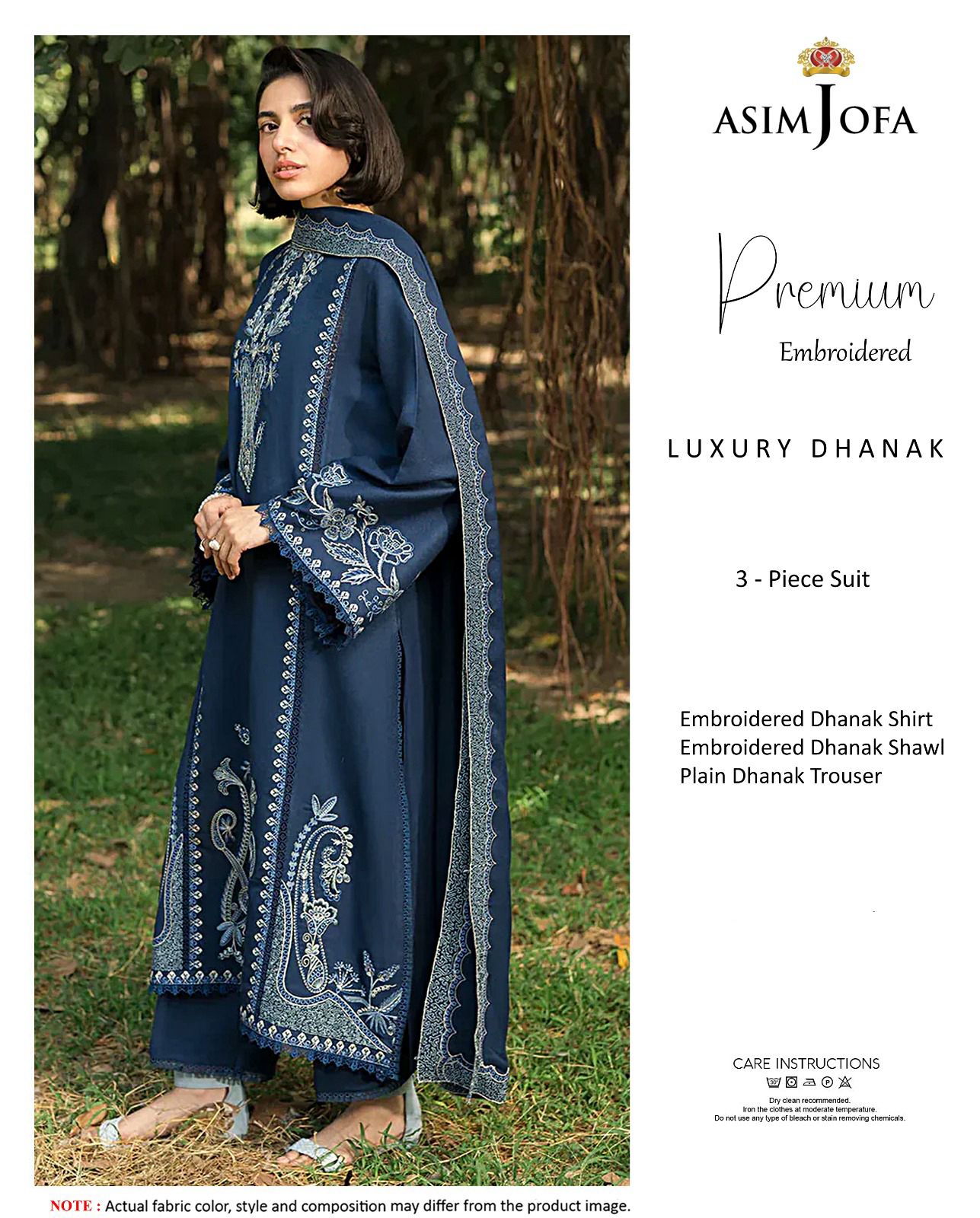 Asim Jofa Winter Hot Collection Dhanak 3PC suit with front, sleeves, border & patch embroidery, and an embroidered Dhanak shawl