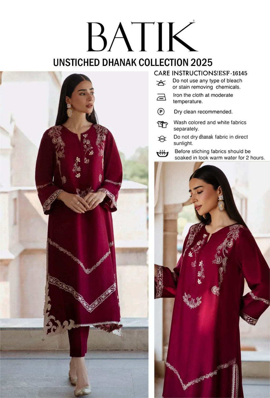 BATIK unstitched Dhanak 2PC suit with embroidered front & sleeves and plain trouser – Winter 2025.
