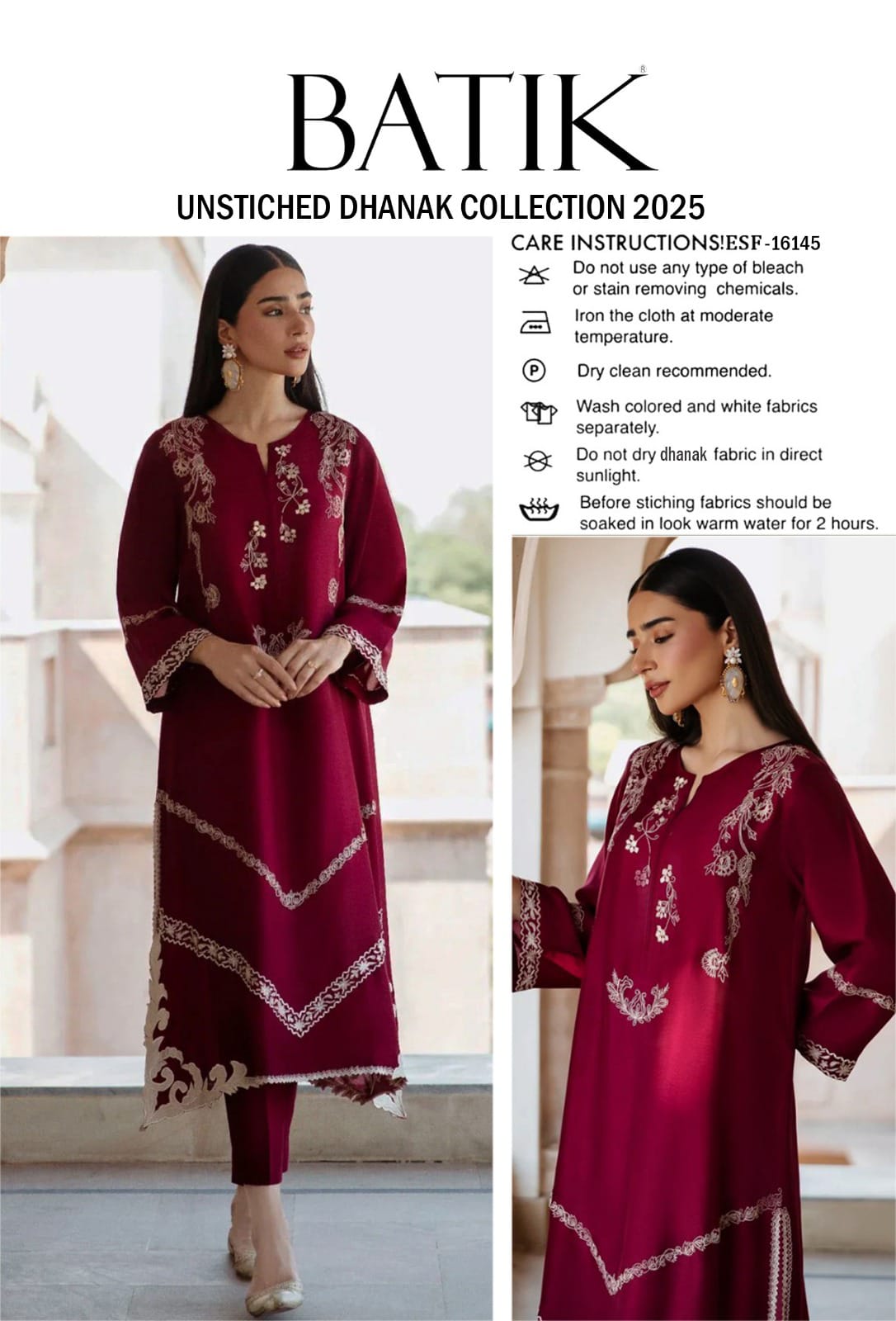 BATIK unstitched Dhanak 2PC suit with embroidered front & sleeves and plain trouser – Winter 2025.