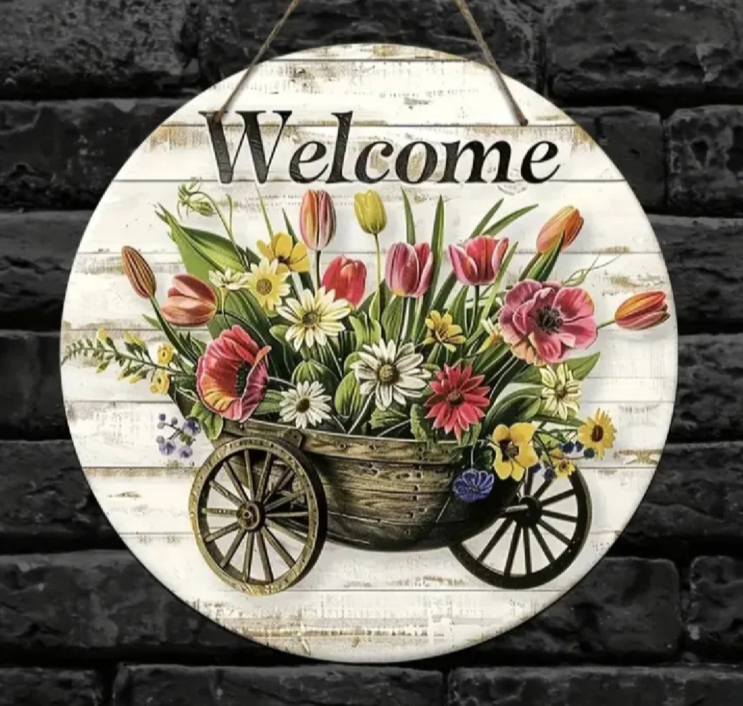 Welcome wooden wall hanging 12 inch waterproof digital print with wooden base and hook for easy hanging.