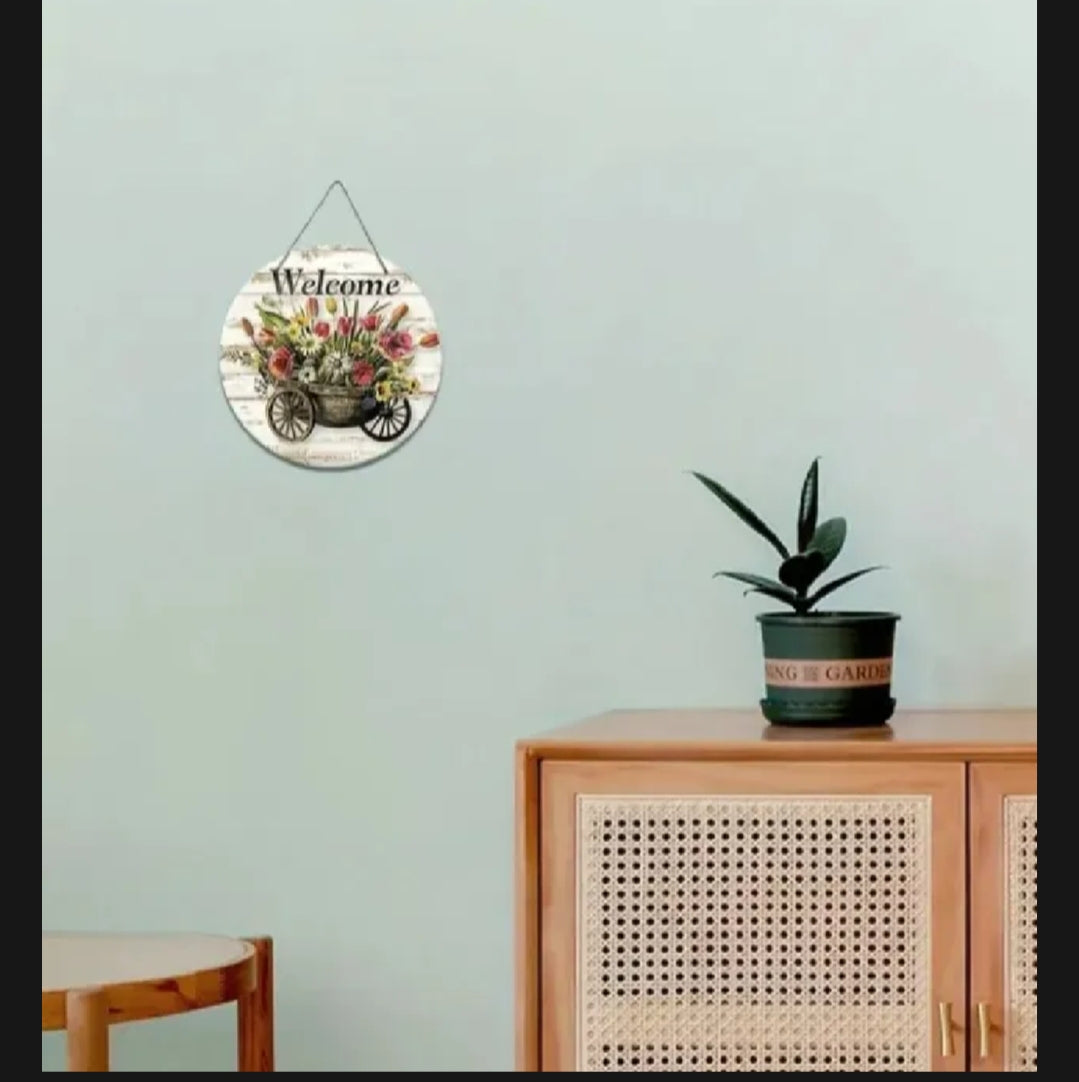 Welcome wooden wall hanging 12 inch waterproof digital print with wooden base and hook for easy hanging.