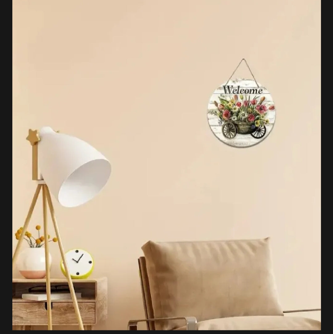 Welcome wooden wall hanging 12 inch waterproof digital print with wooden base and hook for easy hanging.