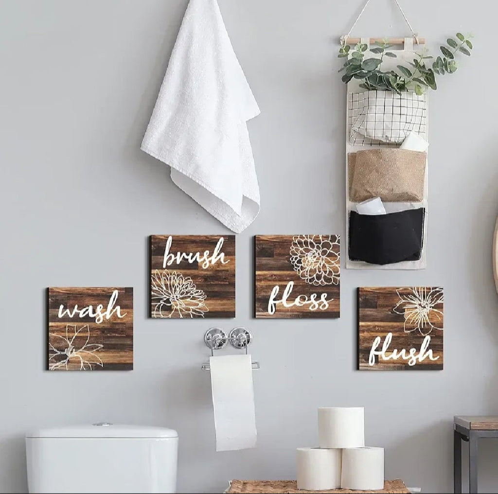Set of four 6x6 inch MDF bathroom rules wall hangings with waterproof digital print and jute rope for easy hanging.