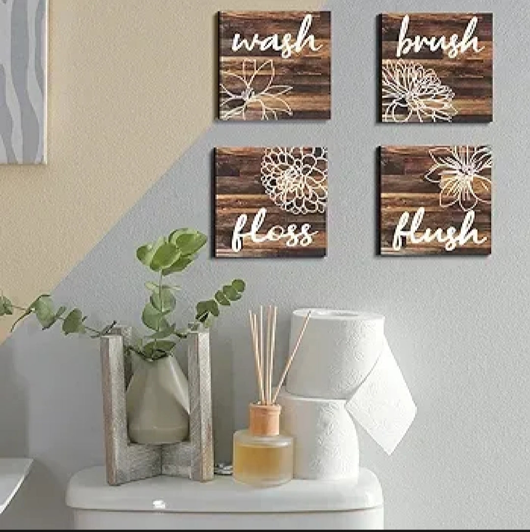 Set of four 6x6 inch MDF bathroom rules wall hangings with waterproof digital print and jute rope for easy hanging.