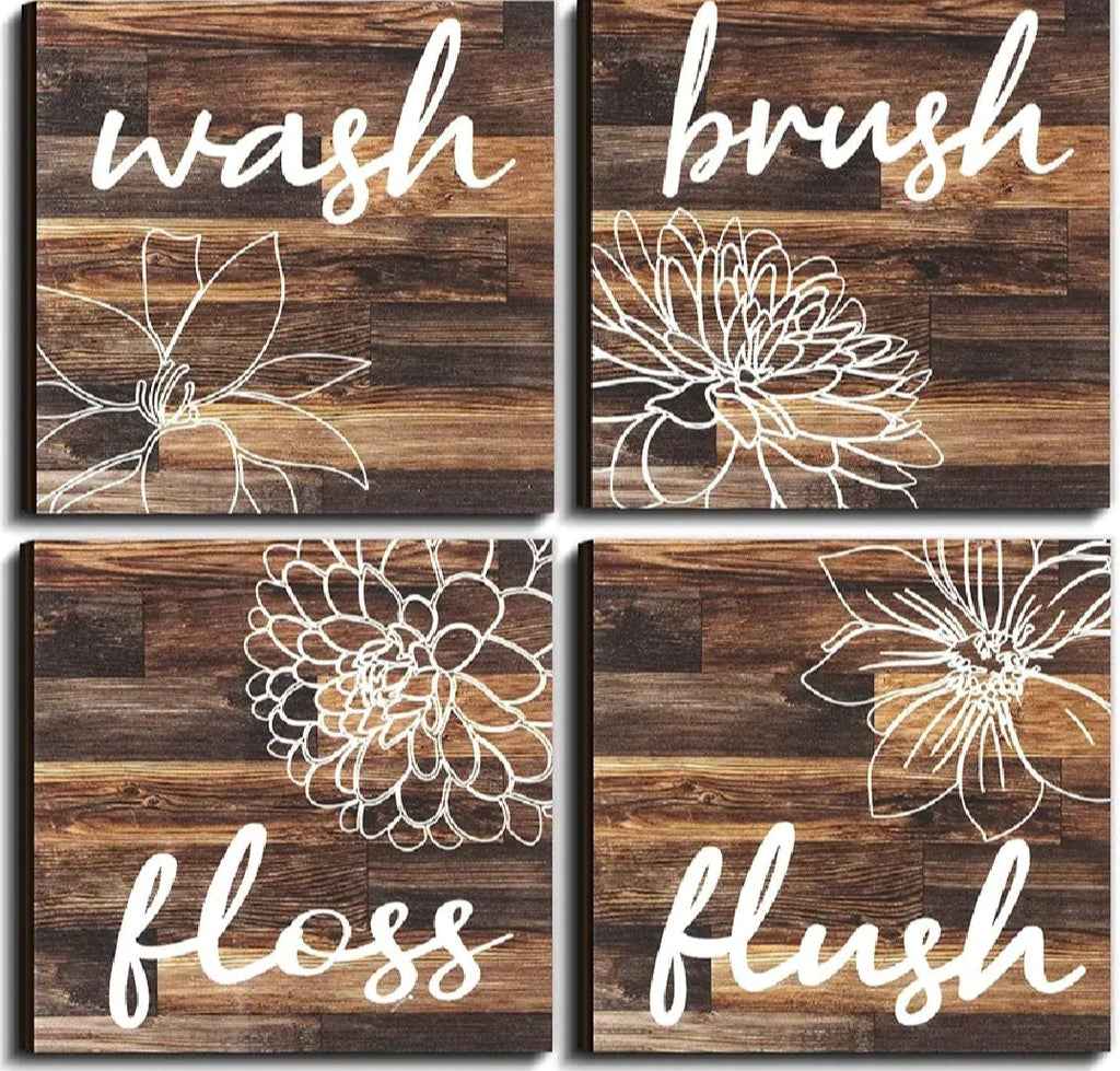 Set of four 6x6 inch MDF bathroom rules wall hangings with waterproof digital print and jute rope for easy hanging.