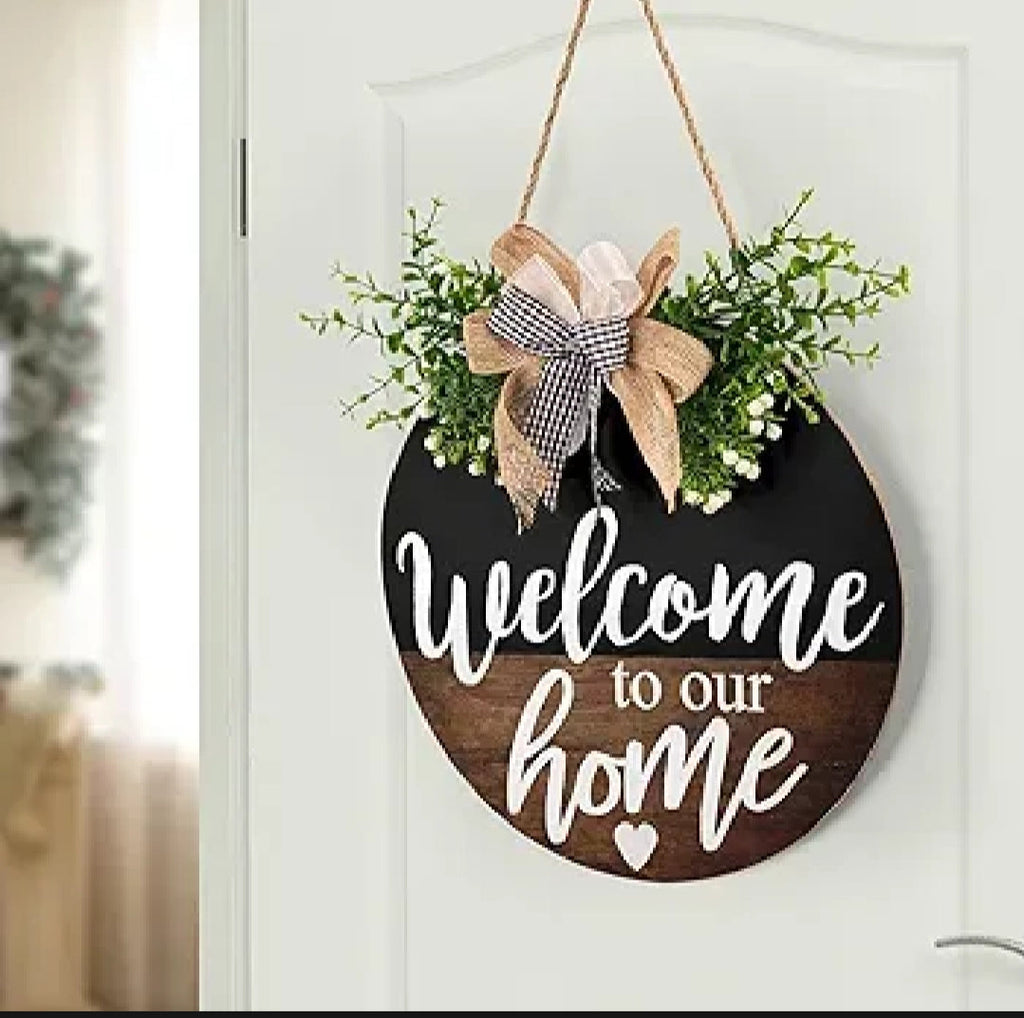 12 inch MDF wood welcome sign wall hanging with high-resolution waterproof digital print, simple and easy to hang.