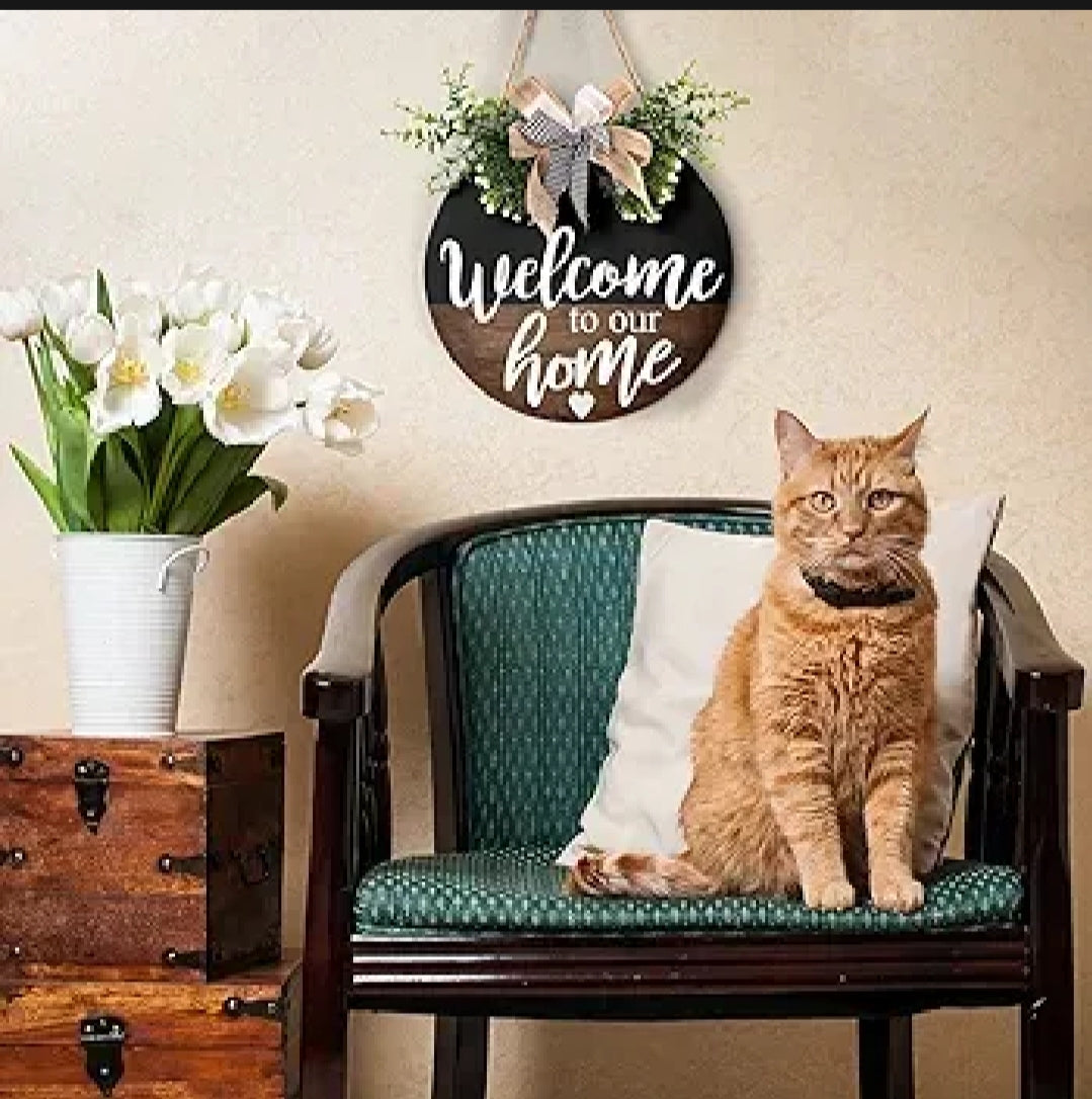 12 inch MDF wood welcome sign wall hanging with high-resolution waterproof digital print, simple and easy to hang.