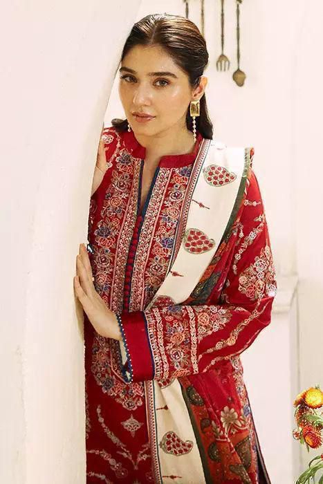 Maria B Airjet Dhanak embroidered 3PC suit with heavy embroidery and printed wool shawl – Winter 2025 Collection.