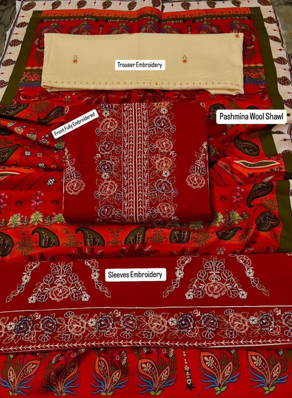 Maria B Airjet Dhanak embroidered 3PC suit with heavy embroidery and printed wool shawl – Winter 2025 Collection.