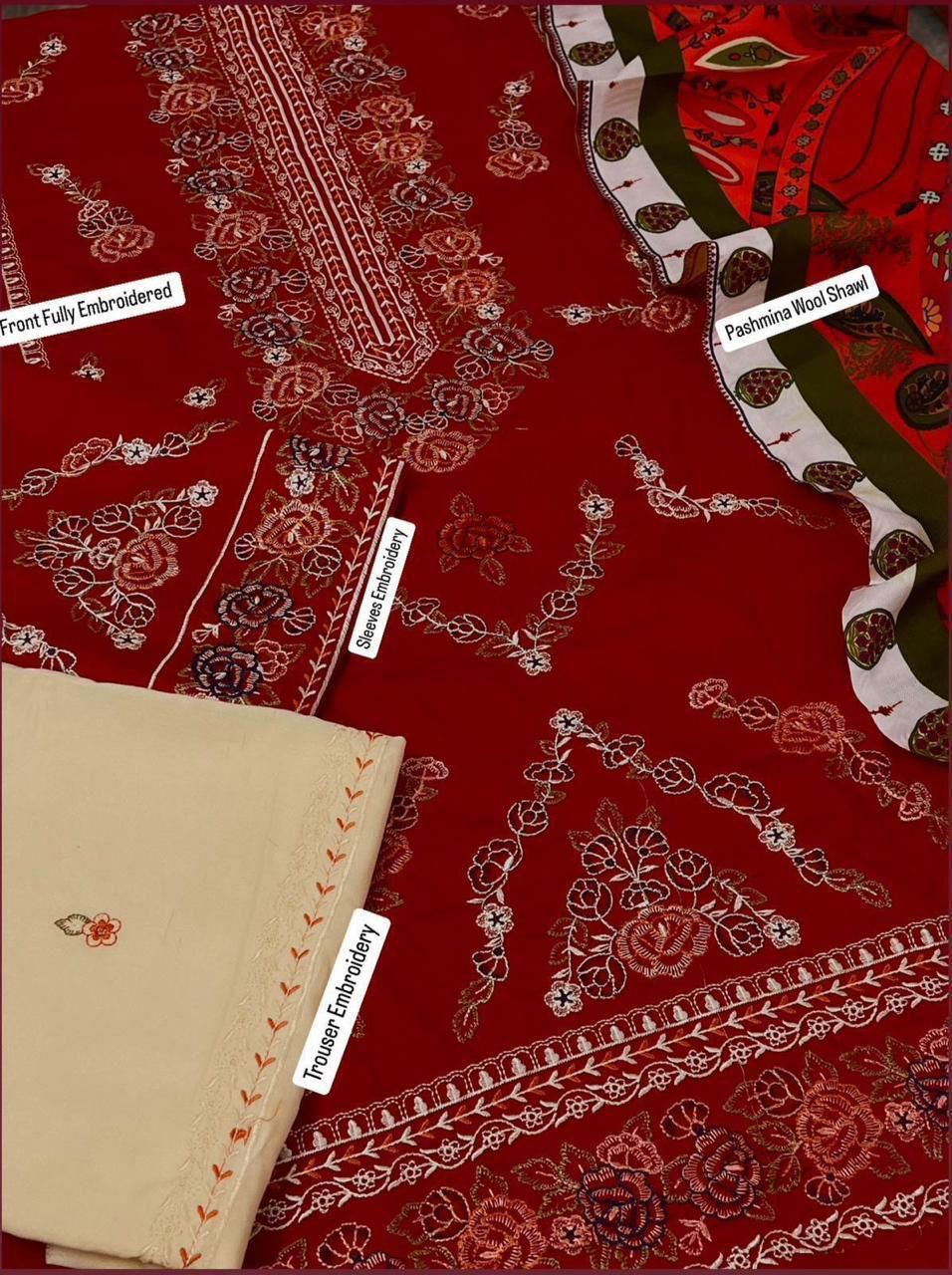 Maria B Airjet Dhanak embroidered 3PC suit with heavy embroidery and printed wool shawl – Winter 2025 Collection.