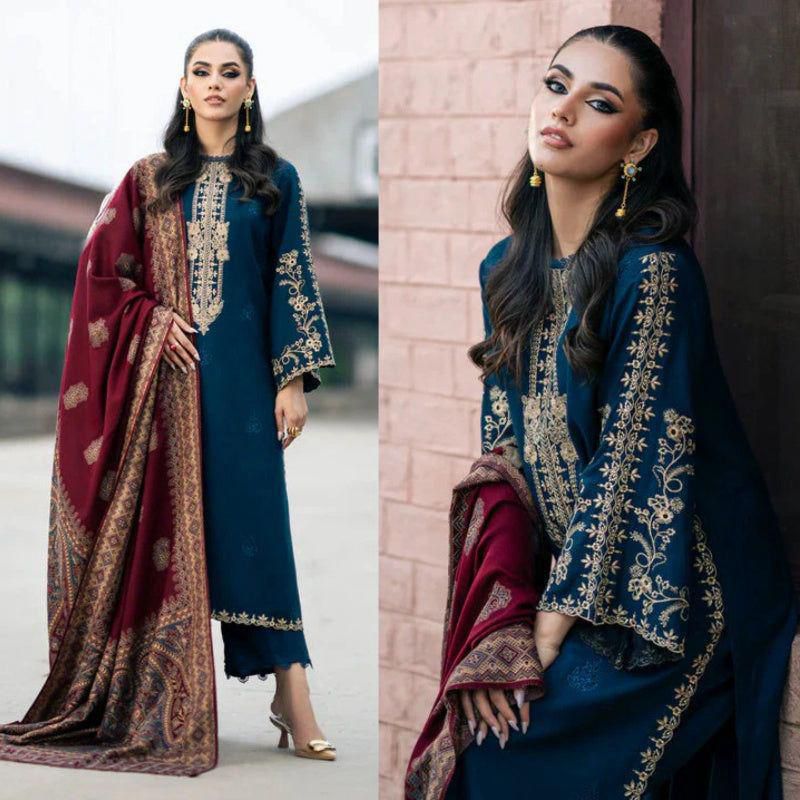 Maria B Airjet Dhanak embroidered 3PC suit with heavy embroidery and printed wool shawl – Winter 2025 Collection.