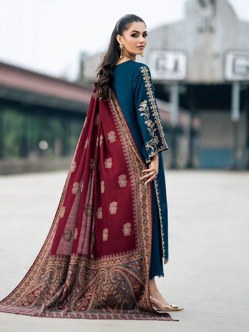 Maria B Airjet Dhanak embroidered 3PC suit with heavy embroidery and printed wool shawl – Winter 2025 Collection.