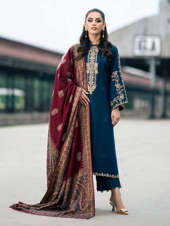 Maria B Airjet Dhanak embroidered 3PC suit with heavy embroidery and printed wool shawl – Winter 2025 Collection.