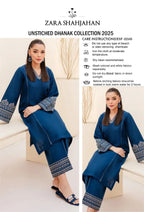 Zara Shahjahan Dhanak 2PC suit with embroidered sleeves, neck patch, plain back, and trouser with patches – Winter 2025.