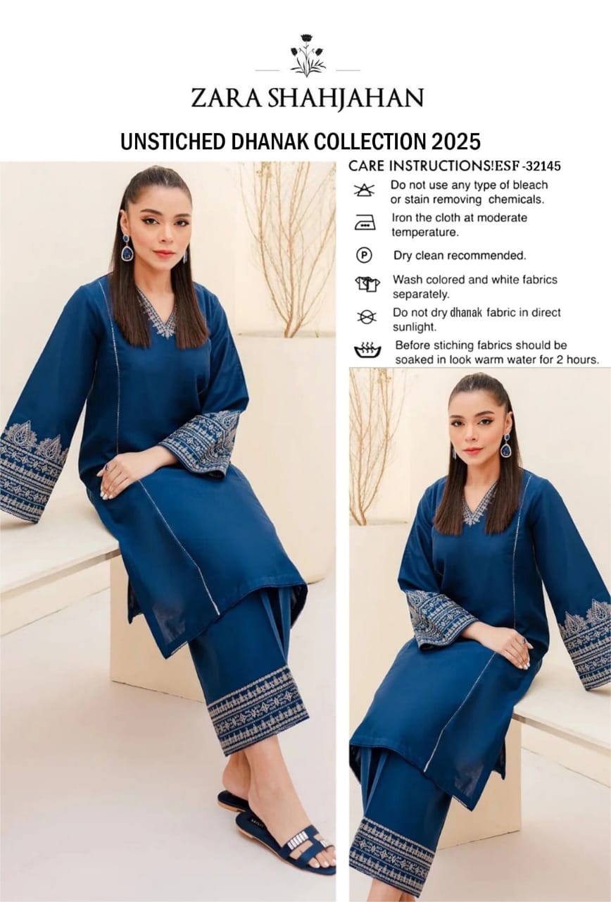 Zara Shahjahan Dhanak 2PC suit with embroidered sleeves, neck patch, plain back, and trouser with patches – Winter 2025.