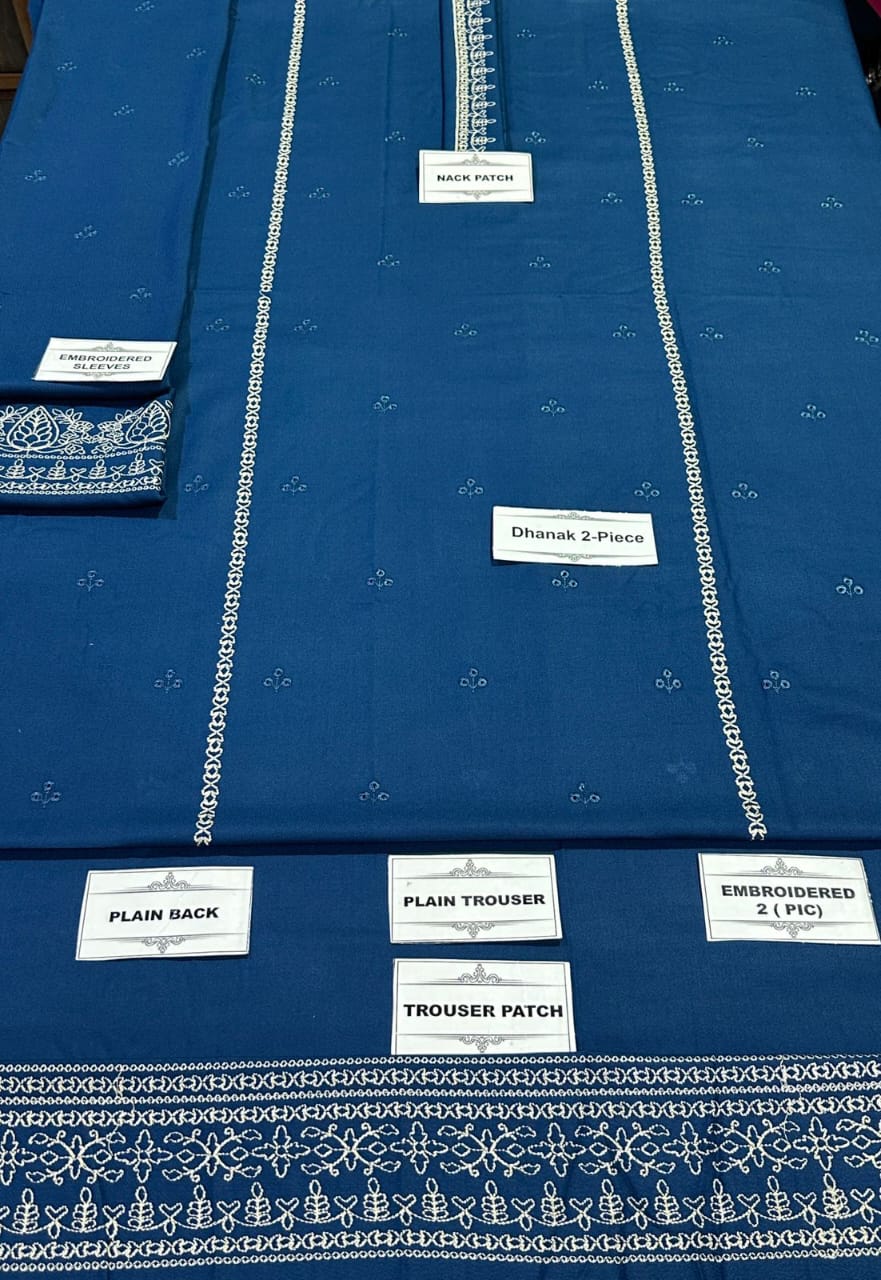 Zara Shahjahan Dhanak 2PC suit with embroidered sleeves, neck patch, plain back, and trouser with patches – Winter 2025.