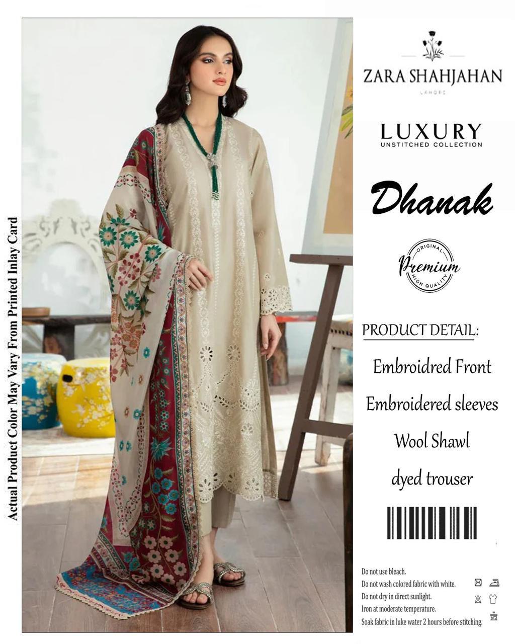 Zara Shahjahan Dhanak 3PC embroidered suit with wool shawl and dyed trouser – Winter 2025 collection.