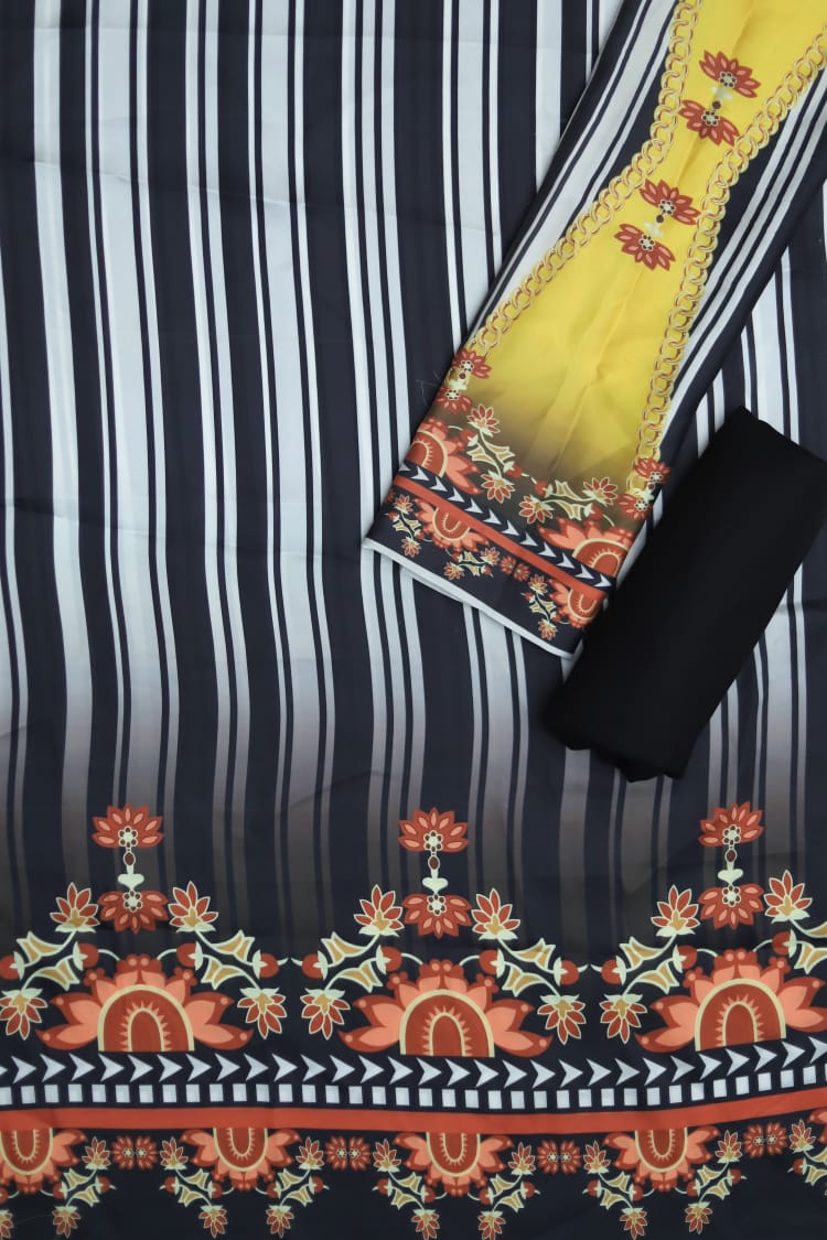 Maria B Shamoz Silk 2PC unstitched suit with printed shirt and trouser in fine quality fabric.