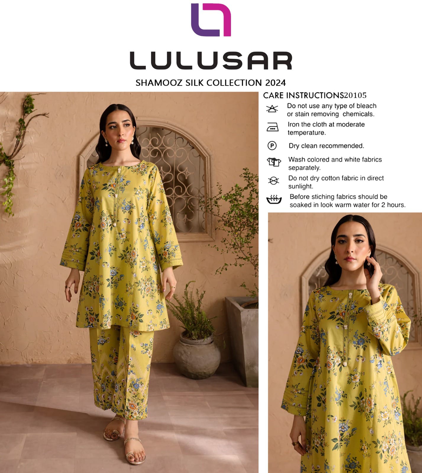 Lulusar Shamooz Silk unstitched 2PC dress with digital printed shirt & trouser – premium Shamooz silk fabric.