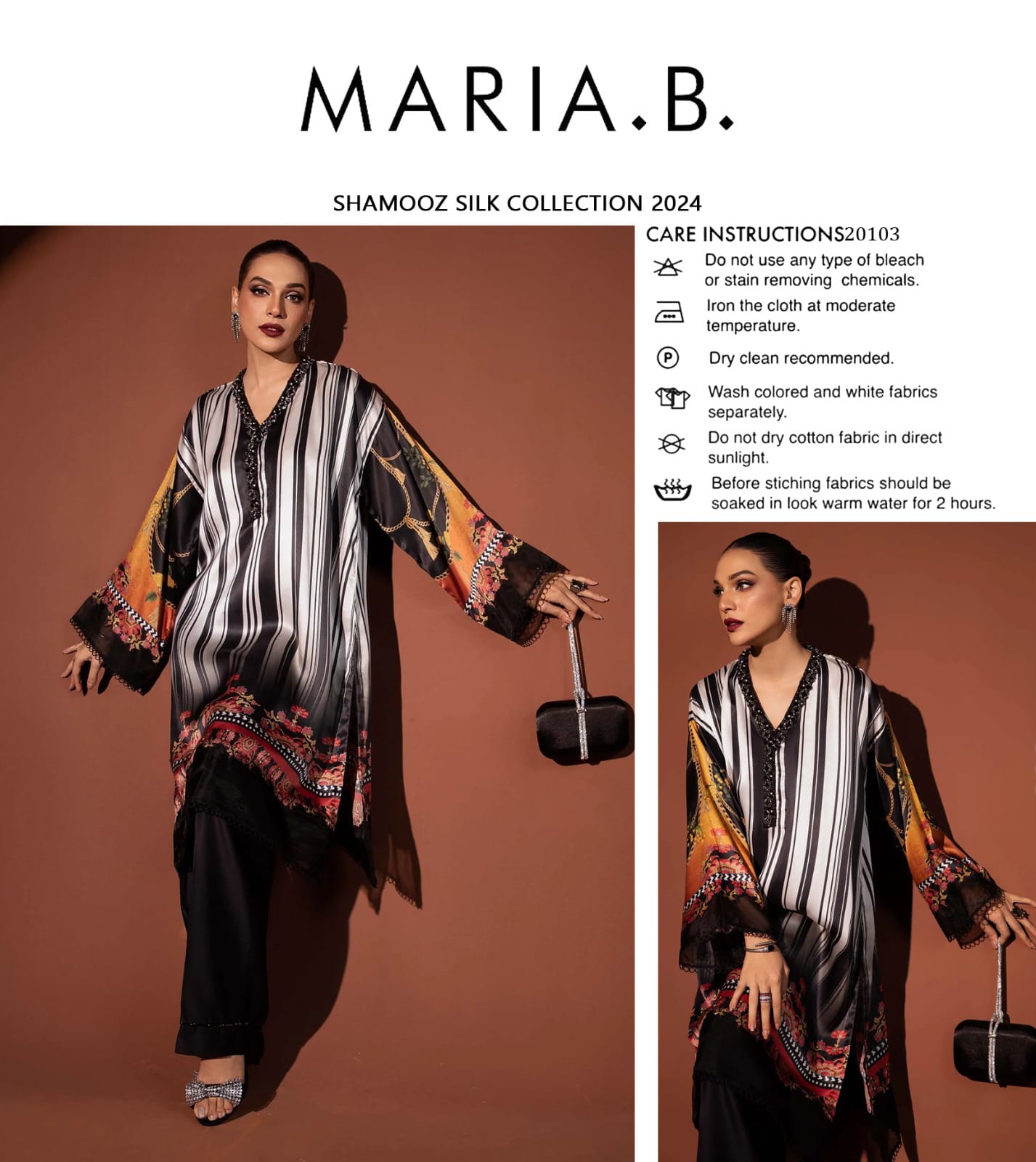 Maria B Shamoz Silk 2PC unstitched suit with printed shirt and trouser in fine quality fabric.