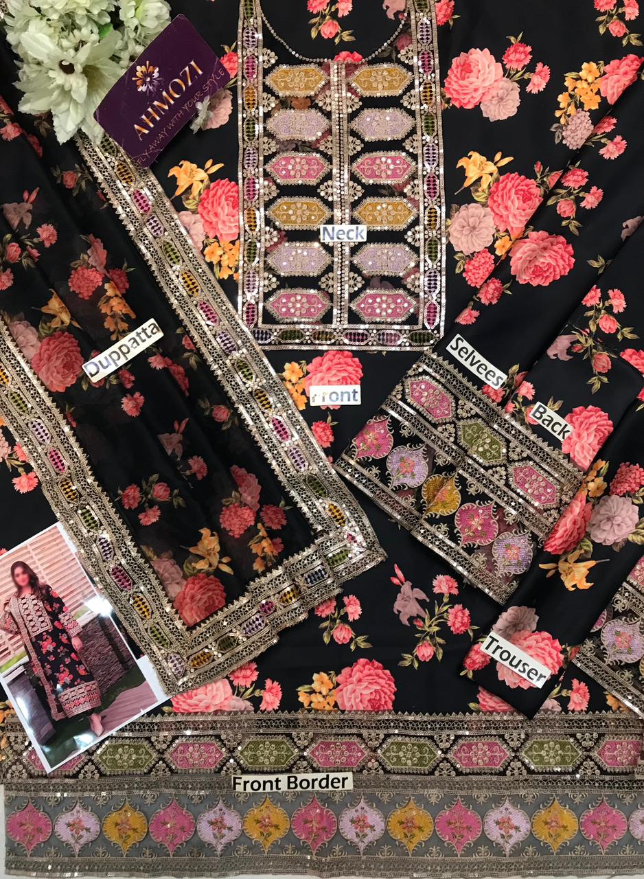 Aneela’s Collection Shamooz Silk 3Piece– Embroidered Digital Printed Suit