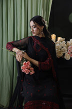 Baroque chiffon embroidered 3 piece suit with malai trouser, heavy embroidered front, sleeves and chiffon dupatta with 4-side border – formal wear
